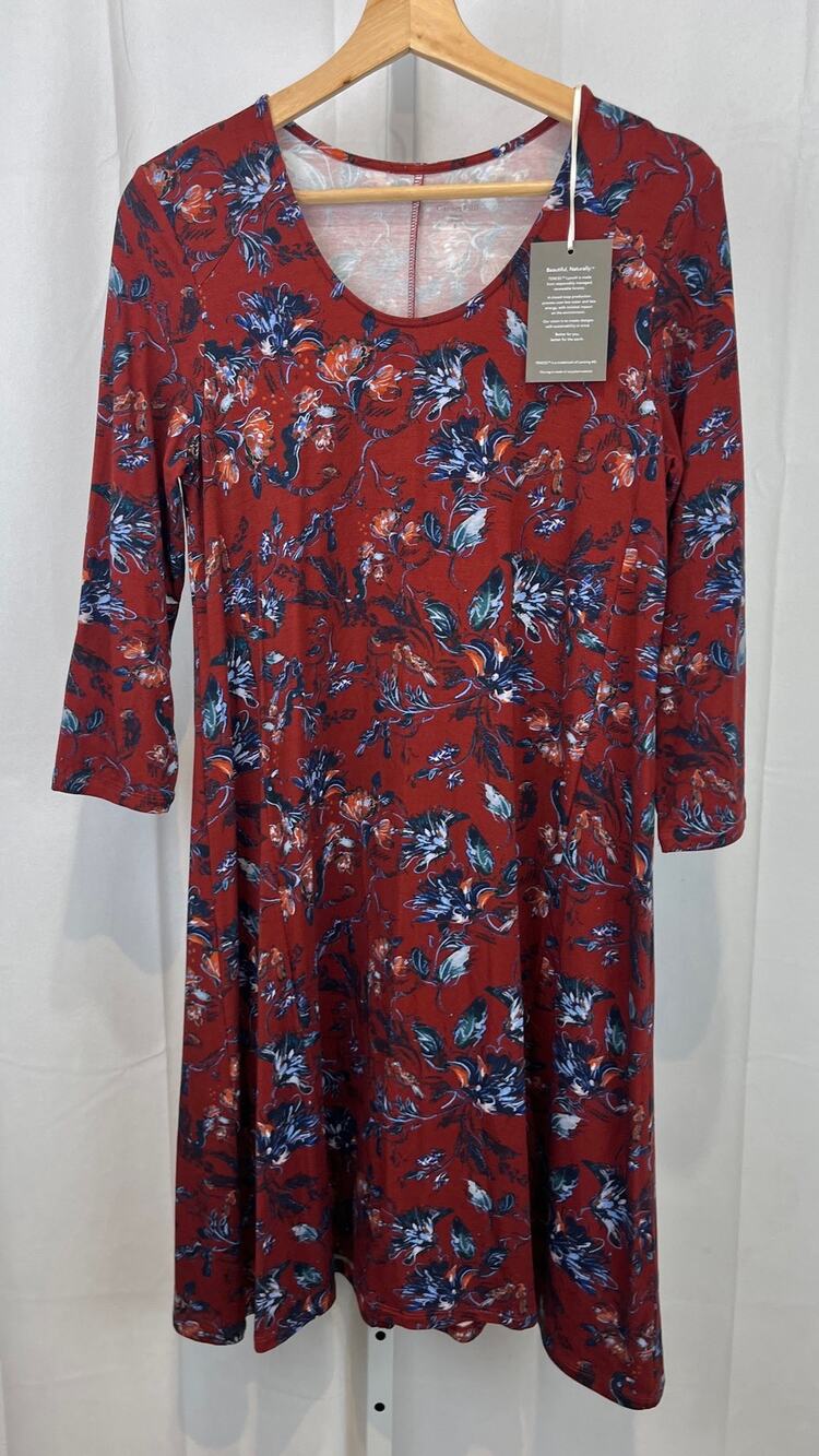 NWT GARNET HILL Floral Seamed Knit Trapeze Dress 3/4 Sleeve Rust Red Size S